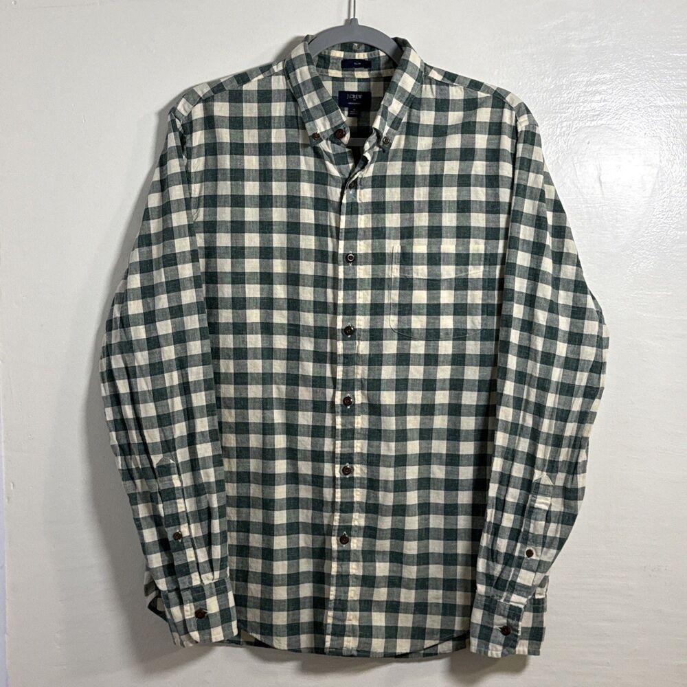 J.Crew Men's Medium Slim Fit Shirt Green Plaid Long Sleeve Button Down Homespun